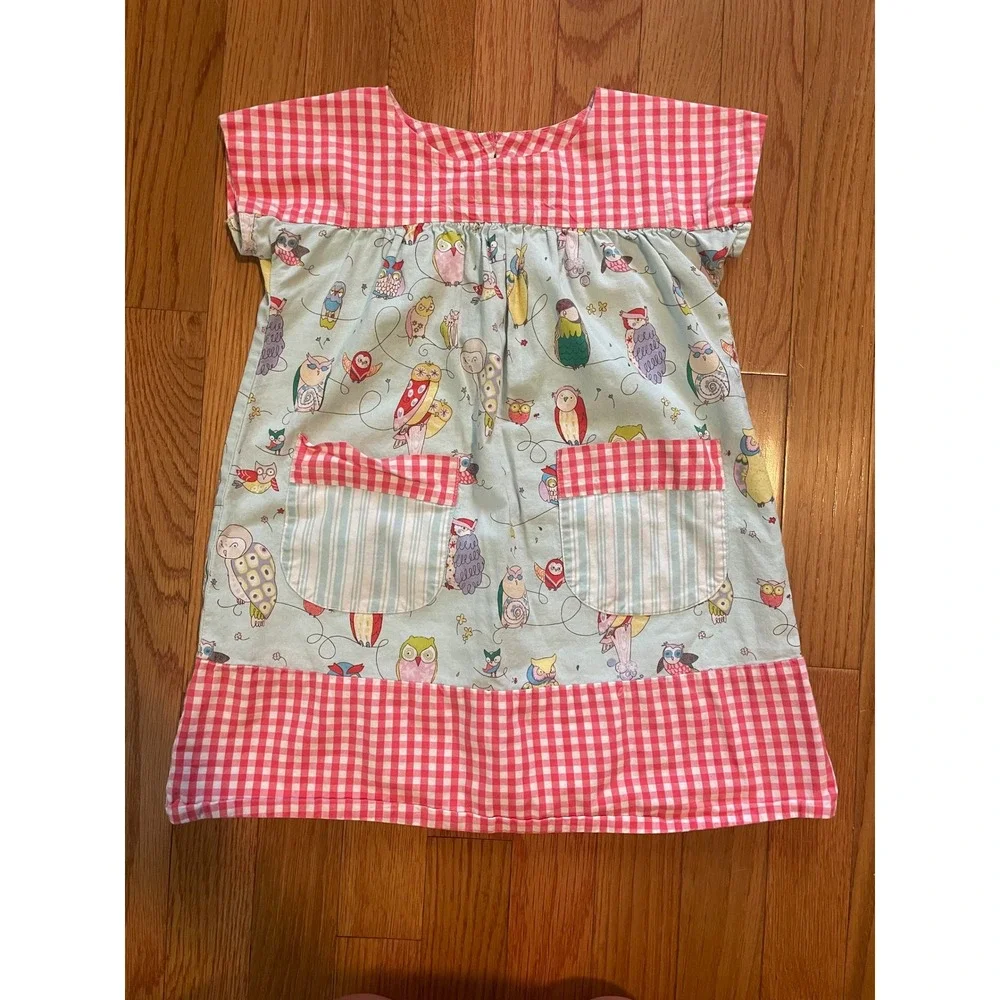 RedBeans Girls Owl Print Gingham Check Dress Blue Red 3T Short Sleeve Pockets